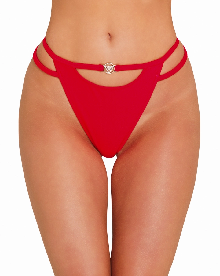 Red U Cut Out Thong Mid Rise Bikini Bottom XS Vivien Vance